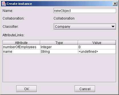 Instance creation dialog