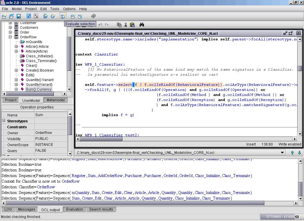 Local evaluation (results displayed in the OCL Output panel)