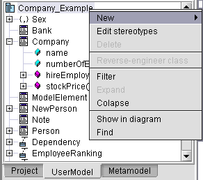 The model browser and its context popup menu